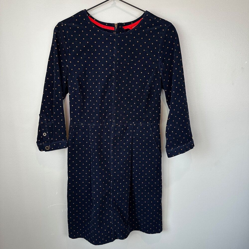 Joules Corduroy Navy Long Sleeve Polka Dot Dress Womens Size 2